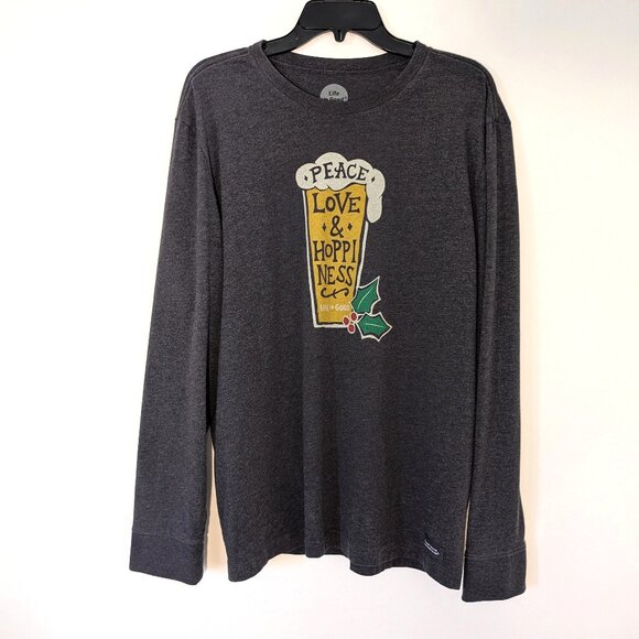 LIFE‎ IS GOOD Crusher T Shirt Men's L Classic Gray Beer Holly Graphic Pullover - Picture 1 of 13